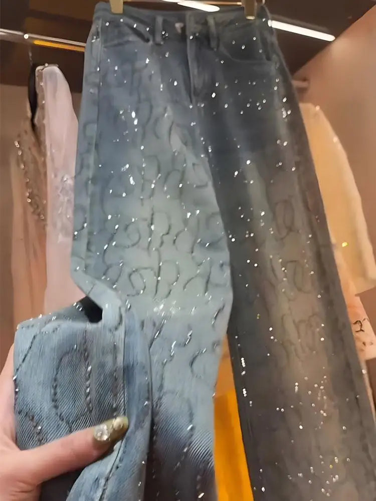 Blue Denim Jeans Wide Leg Straight Cut