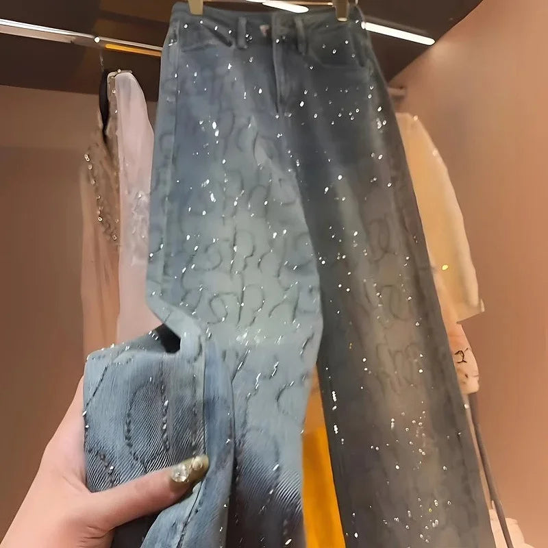Blue Denim Jeans Wide Leg Straight Cut