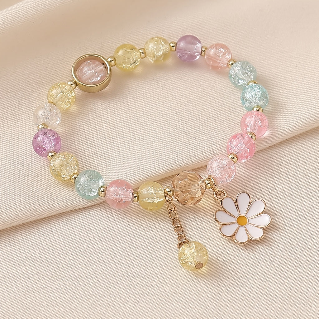 Cracked Glass Beaded Daisy Pendant Bracelet
