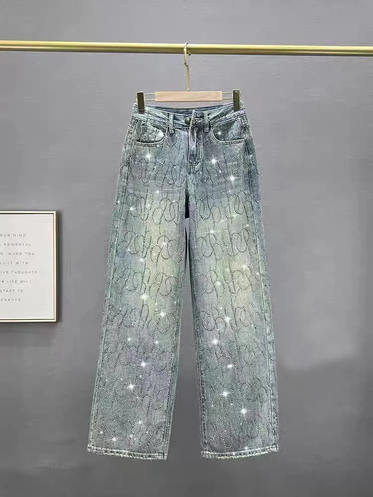 Blue Denim Jeans Wide Leg Straight Cut