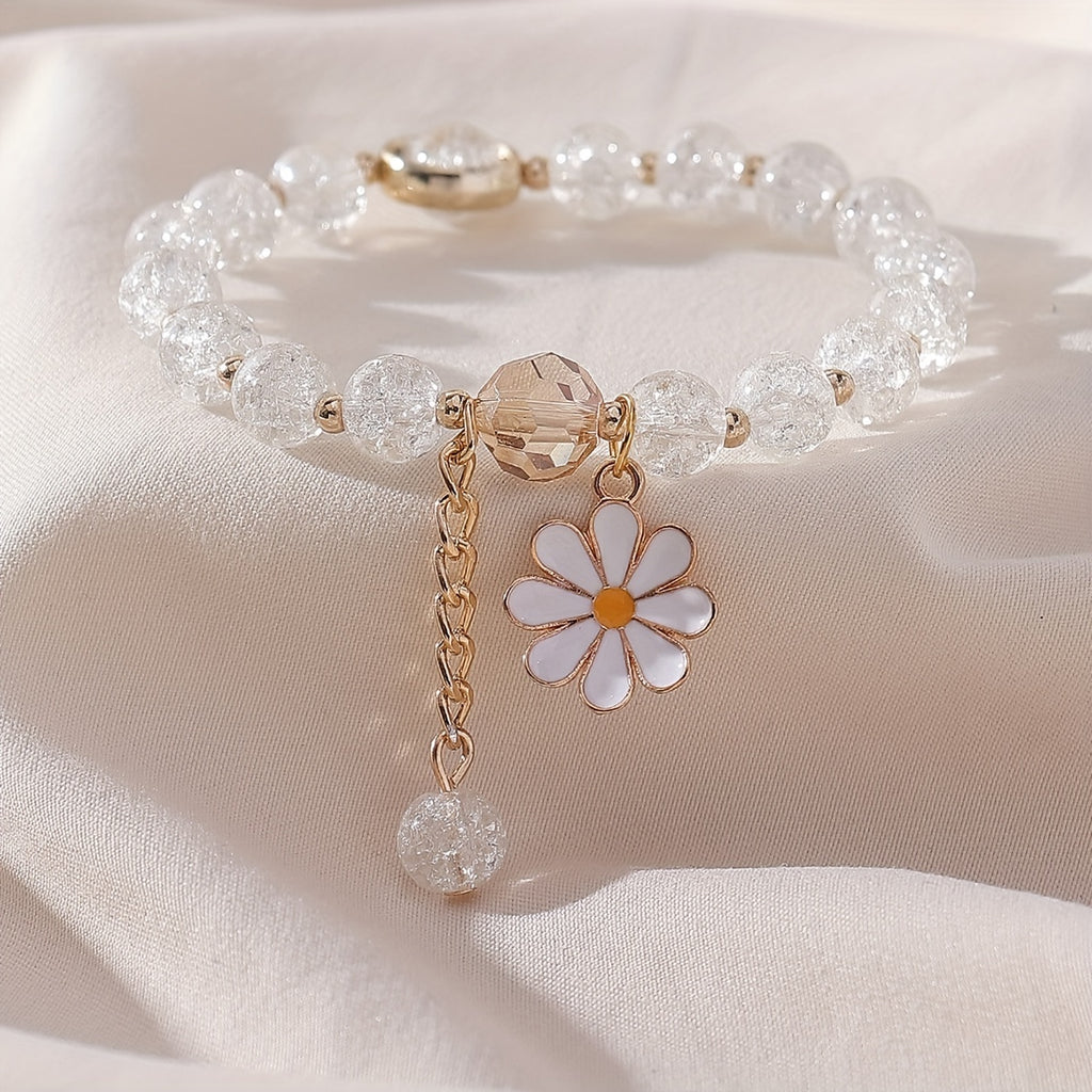 Cracked Glass Beaded Daisy Pendant Bracelet